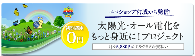 エコショップ宮城から発信！太陽光・オール電化をもっと身近に！プロジェクト　月々5,880円からラクラクお支払い　初期費用0円